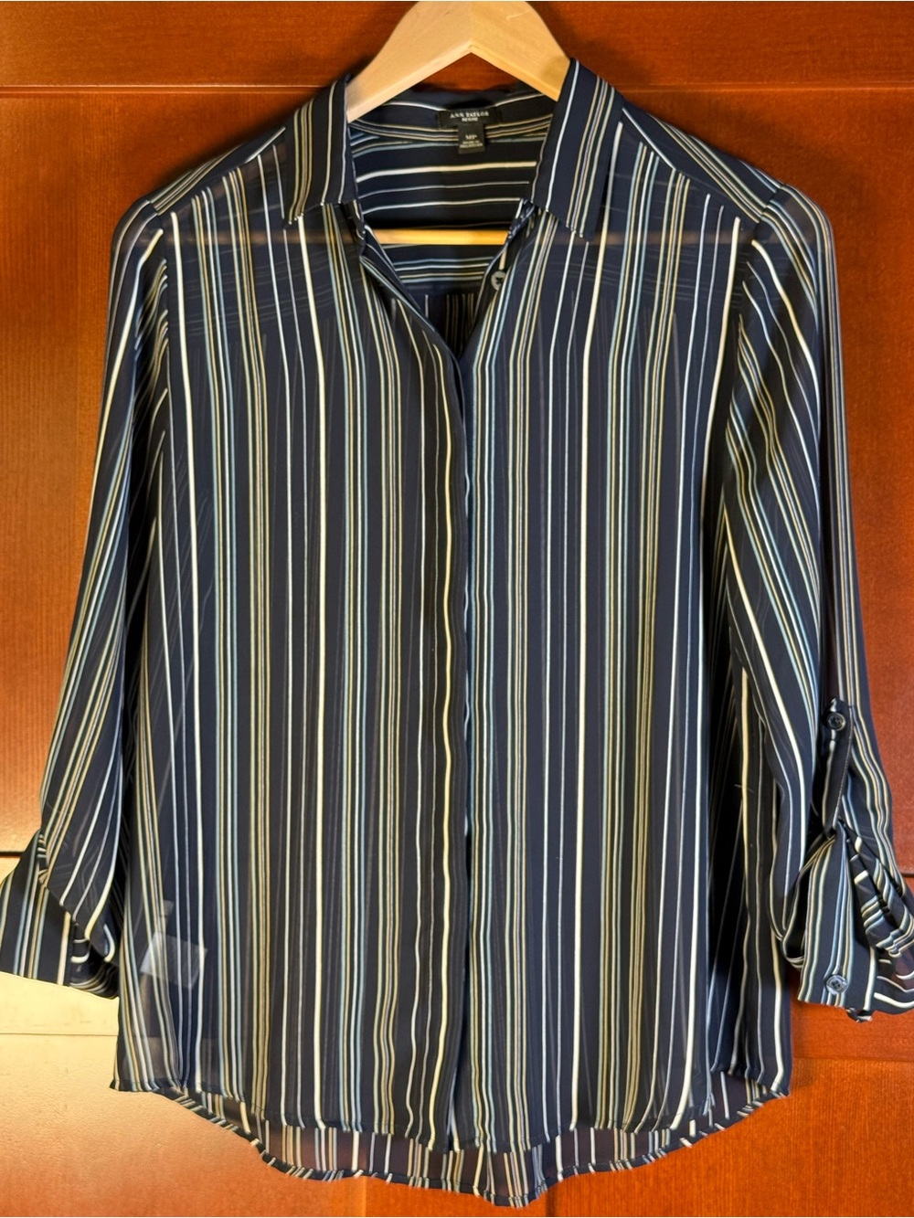 Ann Taylor Petite Sheer Striped Roll Tab Blouse MP